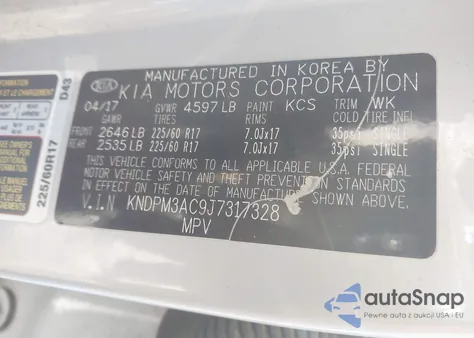 2018 Kia Sportage Lx z USA, uszkodzony, nr VIN KNDPM3AC9J7317328